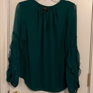 Worthington Forest Green Sheer Ruffle Sleeve Blouse (M)